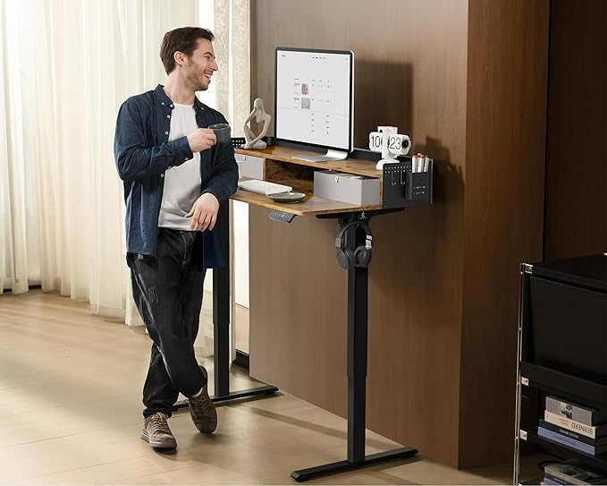 55x24 Inches Electric Standing Desk with 2 Drawers, Height Adjustable Stand up Desk for Home Office, Ergonomic Sit to Stand Table with Storage Shelf, DIY Board, Hooks, Rustic Brown