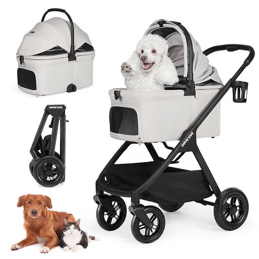 X-5 Luxury Pet Stroller for Medium Dog Under 55lbs or 2 Small Dogs & Cats, One-Touch Folding, Adjustable Handle, Detachable Carrier and Inflatable Wheels (Grey)