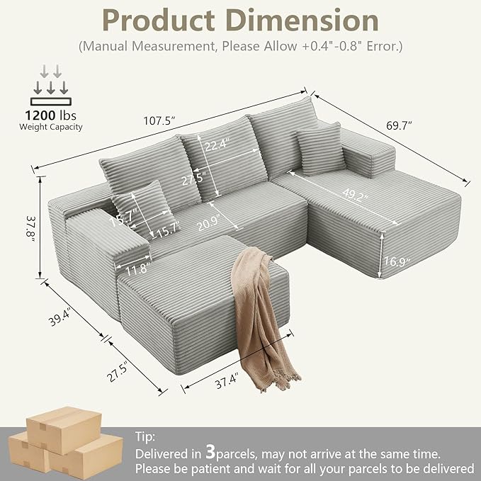 107" U-Shape Cloud Couch, Modern Modular Sectional Comfy L-Shape Sofa with Ottoman, Deep Seat, Upholstered Corduroy Sleeper Chaise Longue for Living Room Bedroom, No Assembly Required, Grey