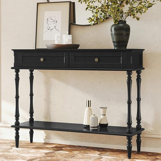 ARTPOWER Console Table for Entryway with 2 Drawers-Minimal Assembly,Black Retro Entryway Table with Storage Cabinets and Open Shelf,Narrow Long Couch Table Behind Sofa for Living Room,Foyer,Hallway