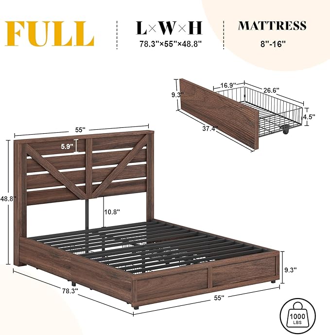 AMERLIFE Full Size Farmhouse Bed Frame with 4 Drawers, Wooden Storage Bed Frame with Headboard and Heavy Duty Metal Slats, Noisy Free, Easy Assemble, Rusric Brown
