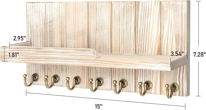 Rebee Vision Farmhouse Key Holder Wall Mount with Mail Organizer - Rustic Key and Mail Holder for Wall with Shelf and 7 Key Hooks - Wooden Apartment Essentials for Room Decor Aesthetic (Natural Wood)