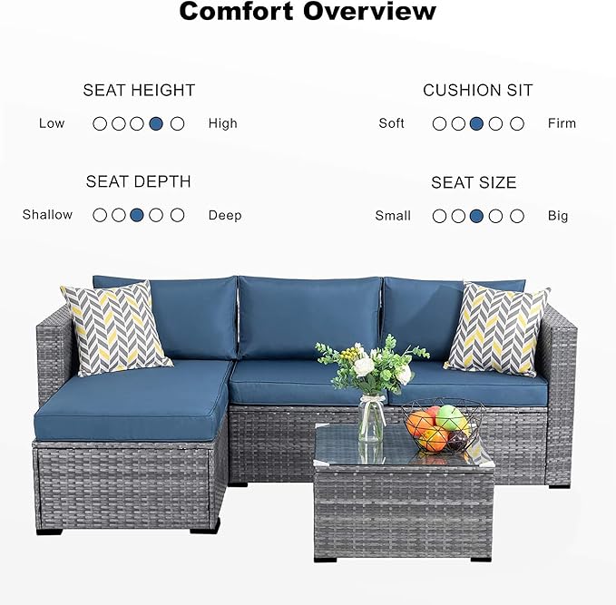 Shintenchi Patio Furniture Sets 3 Pieces Outdoor Sectional Sofa Silver All-Weather Rattan Wicker Sofa Small Patio Conversation Couch with Washable Cushion and Glass Table(Aegean Blue)