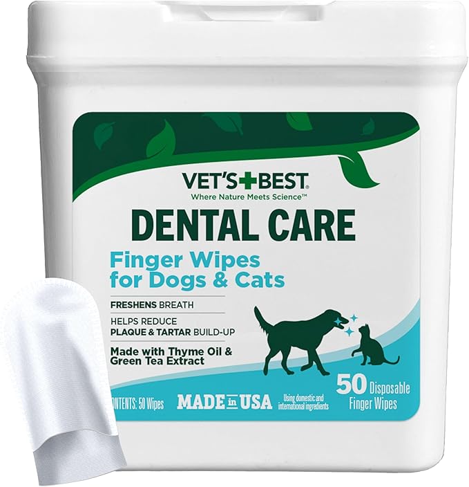 Vet's Best Finger Dental Wipes for Dogs and Cats – Oral Care Wipes for Teeth Cleaning, Fresh Breath, and Tartar Control – Gentle Finger Pads for Pet Dental Hygiene and Plaque Removal – 50 Count