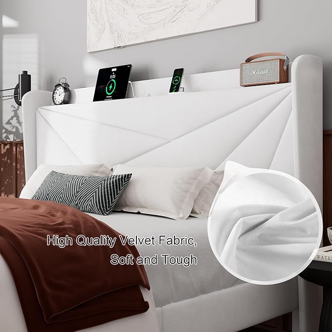 Feonase King Size Bed Frame with Charging Station, Upholstered Platform BedFrame with Wingback Storage Headboard, Solid Wood Slats Support, No Box Spring Needed, Noise Free, White