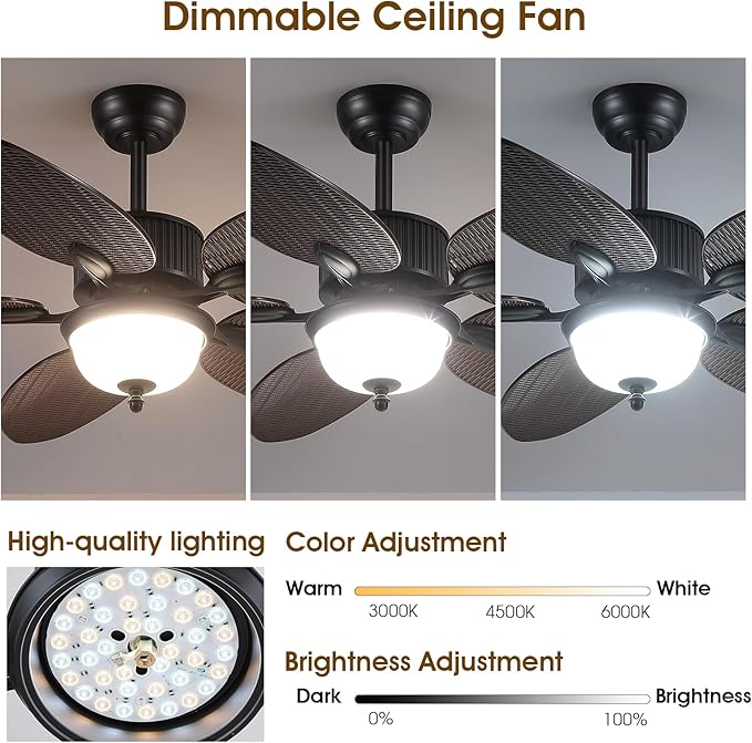 50 Inch Tropical Ceiling Fans with Lights and Remote/APP Control, Outdoor Waterproof Palm Leaf Ceiling Fan for Patios Porches, Wet Rated, Glass Lampshade, 6 Speeds, Quiet, Dark Brown