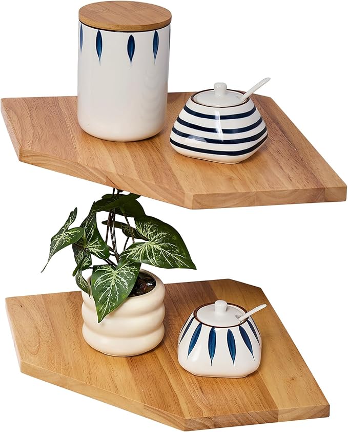 Corner Wall Shelves, Corner Floating Shelves Set of 2 Solid Oak Wood Display Shelf with Wire Hole Small Plant for Kitchen Living Room