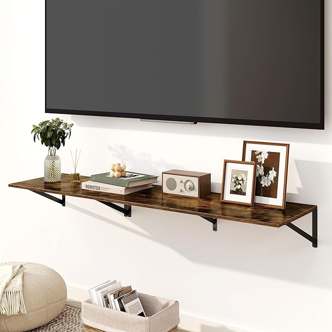 Fun Memories Floating Shelves for Wall, 12 Inch Deep Floating Shelves Set of 2, 16W x 12D Large Wall Shelf with Sturdy Metal Brackets for Living Room, Bathroom, Bedroom and Kitchen, Rustic Brown