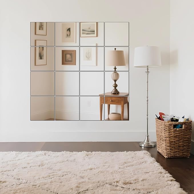 Ruomeng Home Gym Mirrors 12" x 12" x 16Pcs Wall Mounted Mirror Glass Frameless Full Length Mirror Tiles for Home Gym, Bedroom, Door & Bathroom