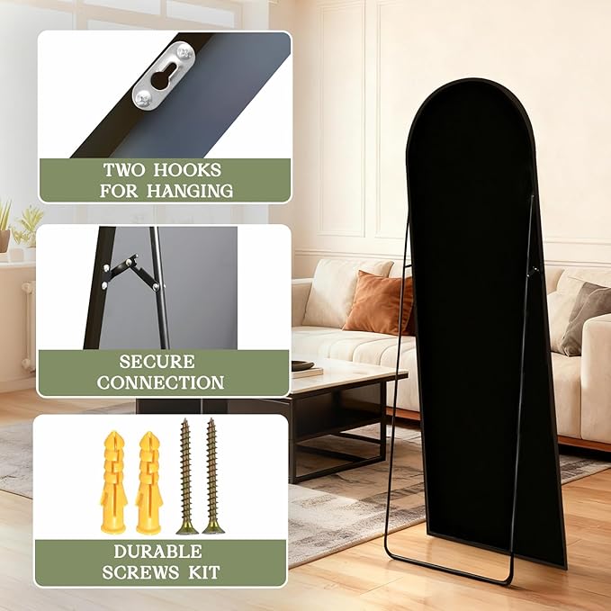 MISSDAY 64"x21" Arched Full Length Mirror, Black Full Body Mirror with Stand, Floor Mirror Long Free Standing, Leaning or Hanging, Aluminum Thin Frame Wall-Mounted Mirrors Wall Mirrors for Bedroom