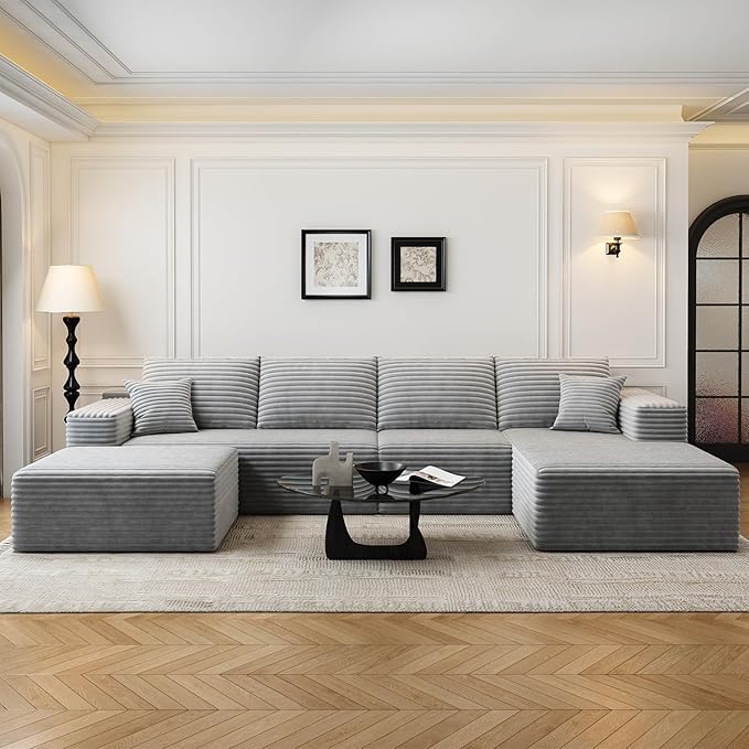 135.4" Cloud Modular Sectional Couch with 1 Ottoman,Modern Minimalist Upholstered Couches, Comfort U Shaped Sofa for Living Room,Deep Seat Corner Couch，No Assembly Required (Grey,Right Facing Chaise)