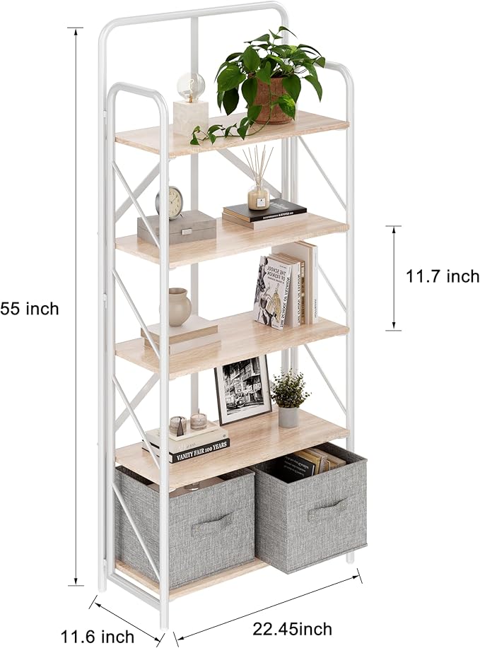 JSB No Assembly Folding Bookshelf, 5 Tier Industrial Metal Book Shelf for Storage, Vintage Wood Foldable Bookcase for Living Room, Bedroom, Office Organization Shelves