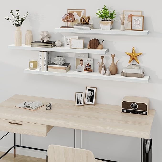 Fun Memories 66 Inch Fireplace Mantel - Long Floating Shelf, Wall Mounted Farmhouse Display with Invisible Heavy Duty Metal Bracket, White, 2 Pack