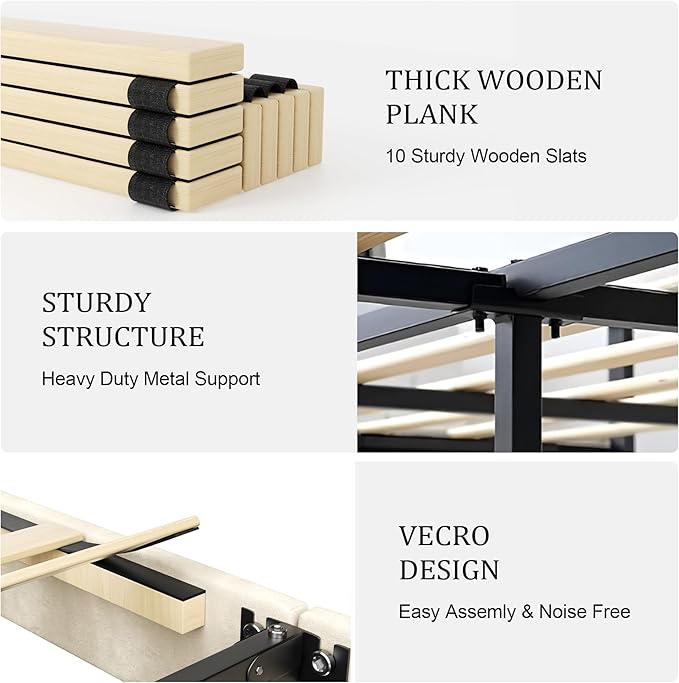King Size Platform Bed Frame with Upholstered Headboard, Wooden Slats Support, Noise Free, No Box Spring Needed, Easy Assembly, Beige, Velvet