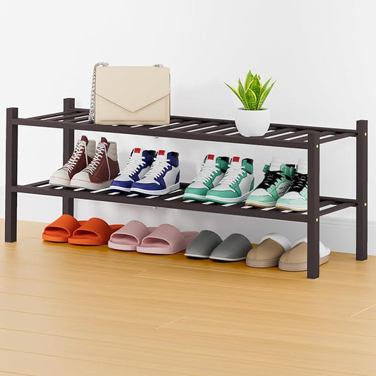 Smiry Shoe Rack, 2 Tier Thick Long Bamboo Shoe Organizer, Stackable Free Standing Wooden Shoe Storage Shelf for Closet, Entryway, Front Door Entrance, Brown