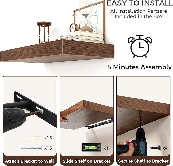 Floating Shelves for Wall, 72 Inch Wide x 12 Inch Deep Floating Shelves, Long Wood Floating Wall Shelf Shelves for Living Room Bathroom Bedroom Kitchen Home - (Walnut, 72" W x 12" D x 2" H)