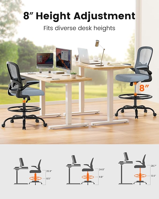 ErGear Drafting Chair,Tall Office Chair with Flip-Up Armrests, High Desk Chair Adjustable Height and Adjustable Footrest Ring, Ergonomic Standing Desk Chair with Lumbar Support, Blue