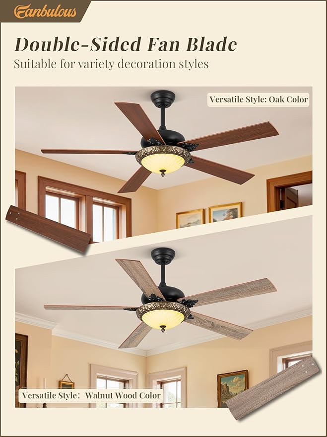 Fanbulous 56" Ceiling Fans with Lights, Rustic Ceiling Fan with Dimmable LED Light, Remote/APP Control,5 Dual Finish Blades,6-Speeds Traditional Ceiling Fan for Bedroom, Living Room,Indoor & Outdoor