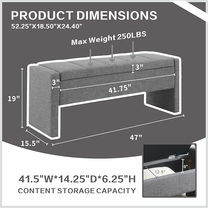 47.25'' Ottoman with Storage, End of Bed Storage Bench, Entryway Bench - Linen Upholstered Multi-Functional Footrest for Bedroom, Living Room, Dorm & Window Bench (Dark Grey)
