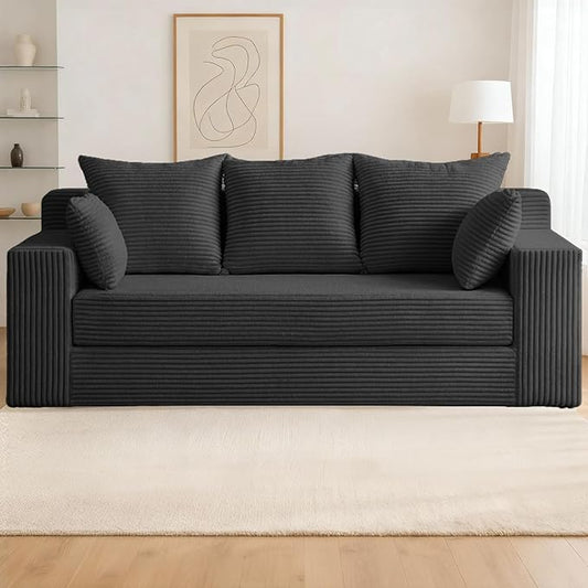 3 Seater Boneless Couch for Living Room, Convertible Futon Sofa Bed Comfy Pull Out Couch with 5 Pillows & Detachable Washable Cover, Upholstered Floor Sofa in A Box, No Assembly Required, Black