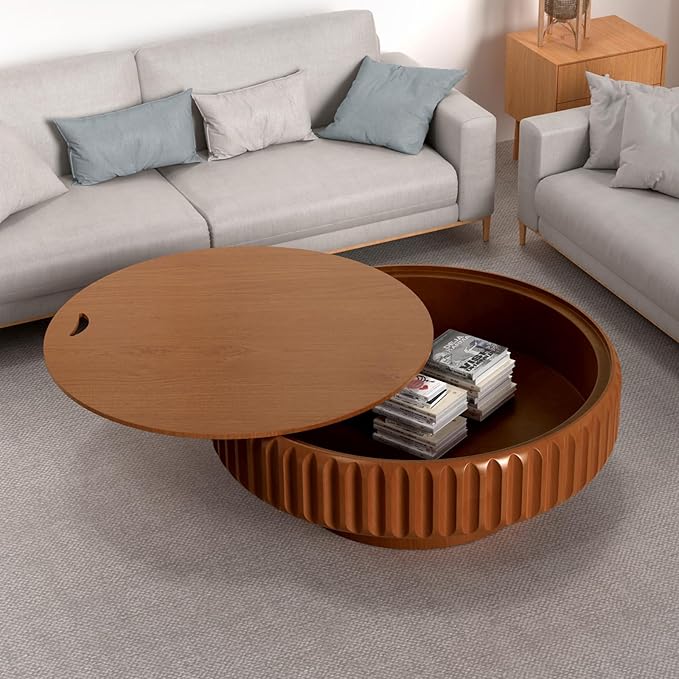 Round Coffee Table with Storage for Living Room, Handcraft Fluted Drum Coffee Table Modern Circle Wooden Coffee Table Cocktail Table for Home Office Apartment (Brown 39.37")