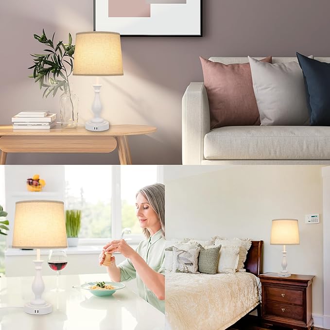 Farmhouse Table Lamp Touch Control 3-Way Dimmable Table Lamp, Modern Nightstand Lamp with 2 USB Port Bedside Desk Lamp with Fabric Shade for Living Room Bedroom Hotel (Pack 1-Off White)