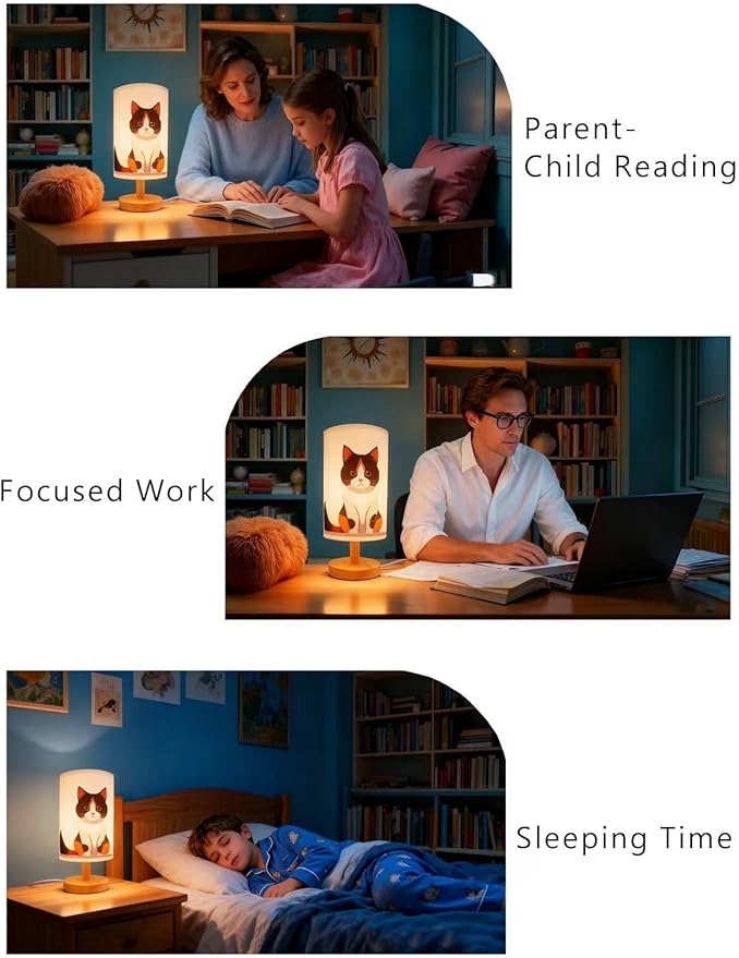 Cat Lamp, Cat Night Light,3 Color Night Light Wood Nightstand Desk Base Flaxen Fabric Shade for Bedroom Living Room, Cats Lovers Gifts, LED Bulb Included