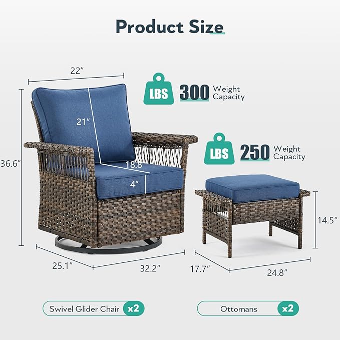 Outdoor Swivel Glider Chairs - 4 Pieces Hollow Widen Armrests Wicker Patio Furniture Set with Ottomans, High Back Outside Swivel Rocker for Balcony Porch Deck and Yard - Brown/Blue