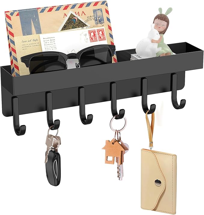 kuaima Magnetic Key Holder, Small Wall Mount Key Rack with Shelf for Fridge, 6 Metal Hooks, 9.65 Inch, 2 Installation Options, Black