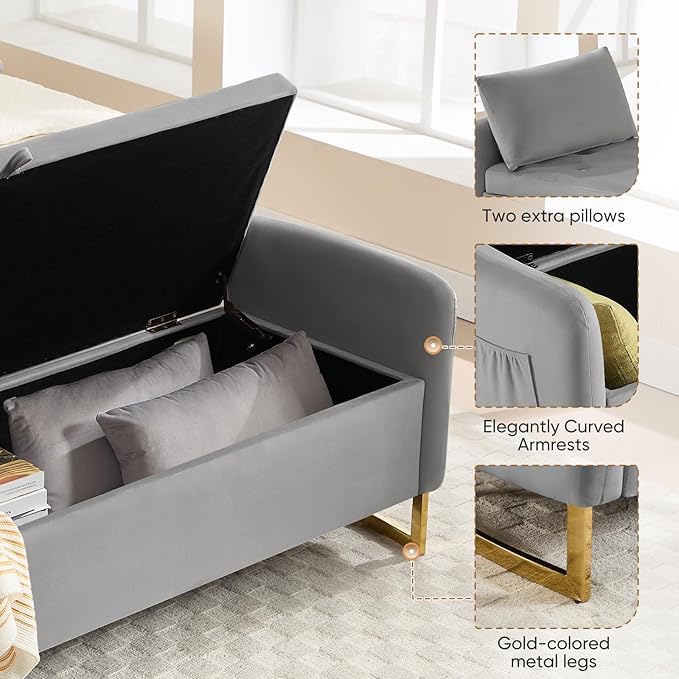 65" Storage Ottoman Bench for Bedroom, End of Bed Storage Bench King Size with Tufted Button Upholstered and Gold Legs, Bedroom Benches with Armrests for Living Room Window, Light Grey