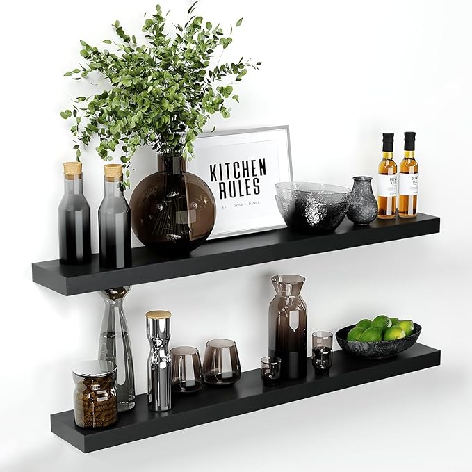 Homeforia Floating Black Shelf 42 inch, High End Solid Real Wood 42 inches Long Floating Shelves for Wall, Black Wooden 42inch Large Floating Shelves, Heavy Duty Bracket, 42 X 6.5 X 1.75 in, Set of 3