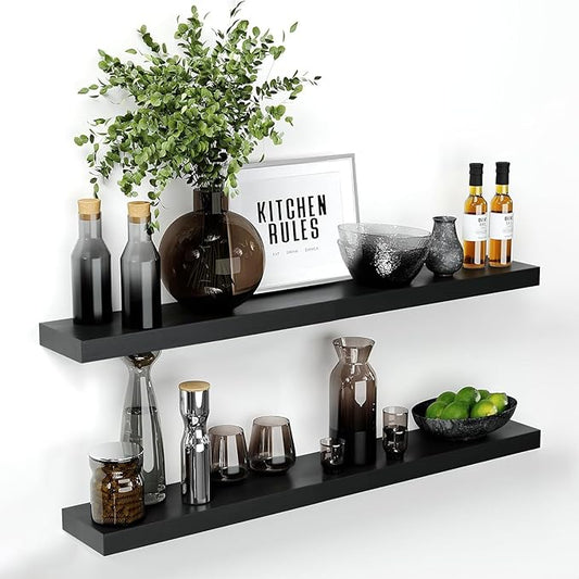 Homeforia Floating Black Shelf 42 inch, High End Solid Real Wood 42 inches Long Floating Shelves for Wall, Black Wooden 42inch Large Floating Shelves, Heavy Duty Bracket, 42 X 6.5 X 1.75 in, Set of 3