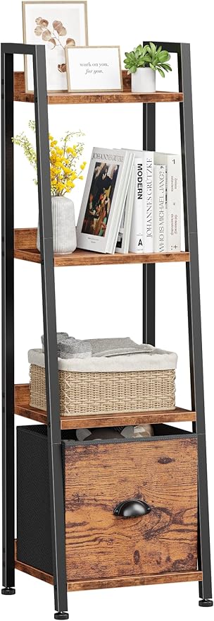 Furologee 4 Tier Narrow Ladder Shelf, Ladder Bookshelf with Drawer, Industrial Shelves Storage Rack Organizer,Skinny Display Shelving Units for Living Room, Home Office, Bedroom,Rustic Brown