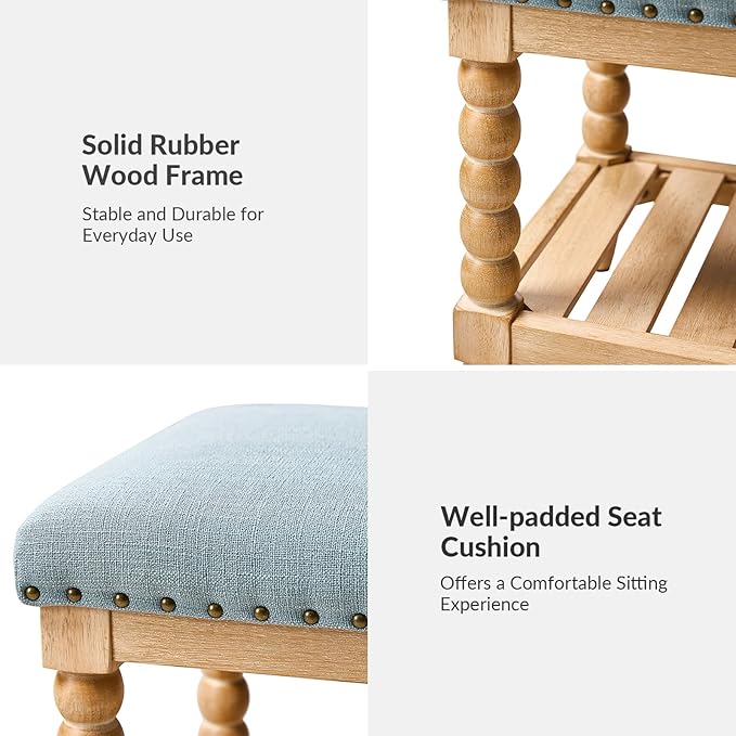 HULALA HOME Farmhouse Entryway Bench, 58" Fabric Bed Bench with Shelf, Solid Spindle Legs, Nailhead Trim Detail for Bedroom, Living Room, Hallway, Blue