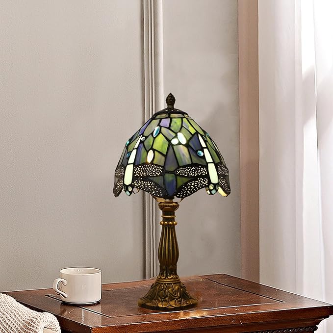 Tiffany Small Table Lamp,Blue Dragonfly Stained Glass 3 Color Temperature Antique Table Lamps,Bedside Nightstand Lamp for Bedroom,Living Room,Home Office+LED Bulb,8X8X15Inch