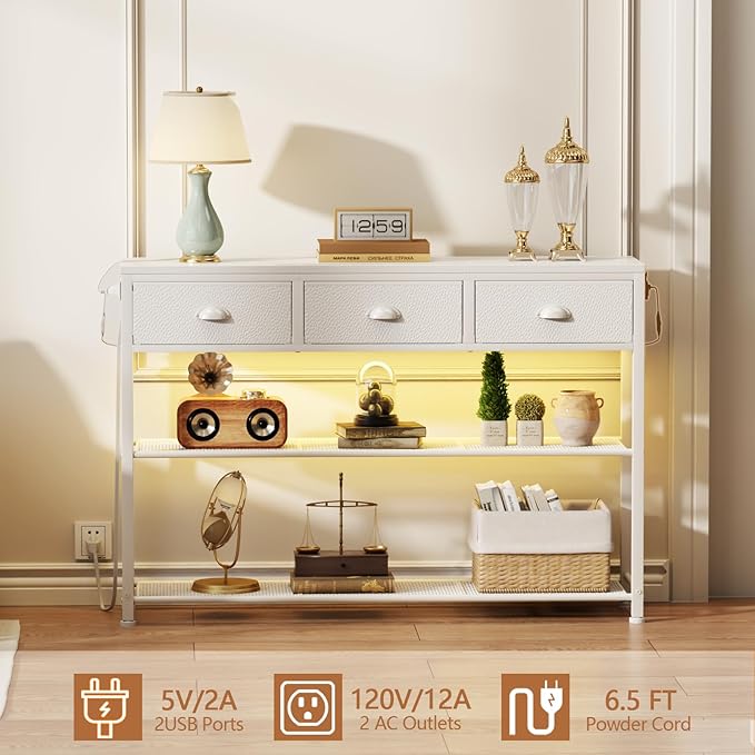 Furologee 38in Console Table with 3 Drawers, Small Sofa Table with Lights and Power Outlets, Hallway Tables with 3-Tier Shelves, White Narrow Console Table for Entryway, Living Room, Couch, Foyer