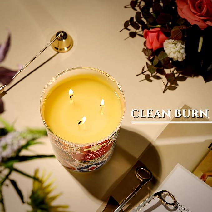 HomeLights 3-Wick Candles for Home Scented - 34oz Soy Wax Blend Candle Long-Lasting Fragrance, Bohemian Natural Textures Home Decor and Housewarming Gifts, Fresh Cut Roses