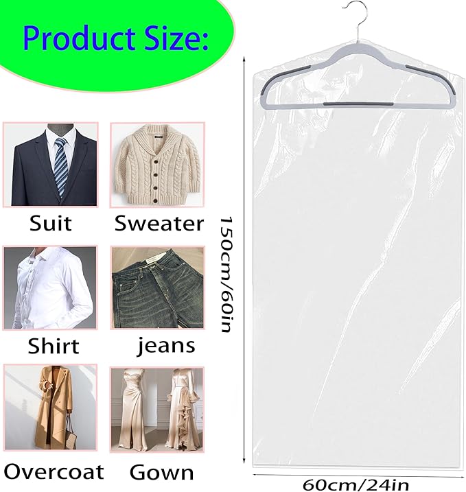 15 Pack (24 x 60 In) Plastic Clear Clothes Covers,Dry Cleaners Bags Hanging Clothing Covers Clear Garment Bags Hanging Dust-proof Clothing Protector Covers for Home Storage Clothing Stores & Travel.
