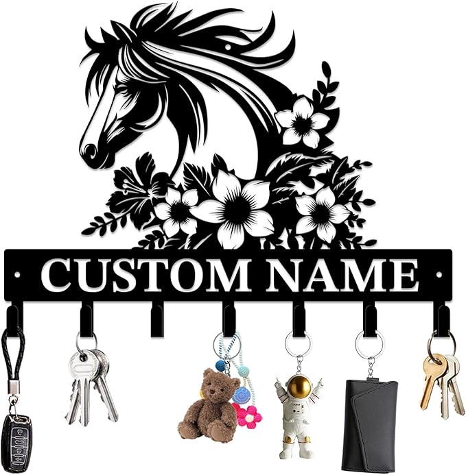 Personalized Custom Name Farm Horse Wall Key Hooks,Metal Horse Art Clothes Hooks,Metal Horse Wall Home Storage Decorative,For Front Door, Hallway, Kitchen, Bedroom,Keys,Hats (Style I)