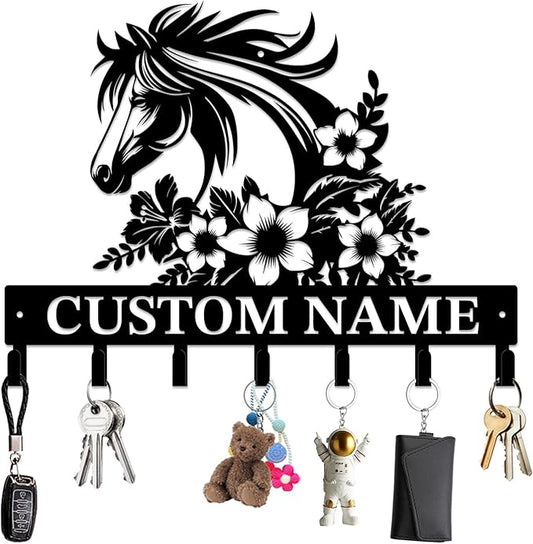 Personalized Custom Name Farm Horse Wall Key Hooks,Metal Horse Art Clothes Hooks,Metal Horse Wall Home Storage Decorative,For Front Door, Hallway, Kitchen, Bedroom,Keys,Hats (Style I)