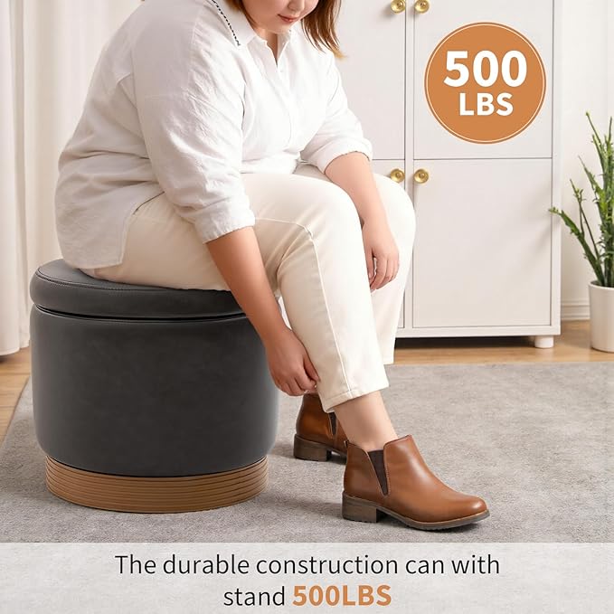 Round Ottoman with Storage,Swivel Vanity Stool-Leather Foot Rest,Upholstered Footstool Pouf with Sturdy Wooden Frame(500 Lb),Small Coffee Table & Hidden Storage Ottoman for Living Room