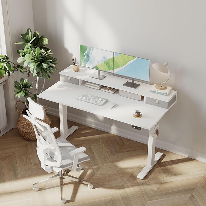 Klicelor 63 Inch Electric Standing Desk with Drawers, Adjustable Height Small Sit Stand Desk for Home Office, Compact Computer Workstation with Storage– White