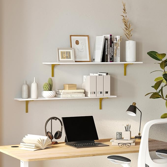 DINZI LVJ Long Wall Shelves, 47.3" Wall Mounted Shelves Set of 4, Large Floating Shelves with Metal Brackets, for Living Room, Bathroom, Bedroom, Kitchen, White and Gold