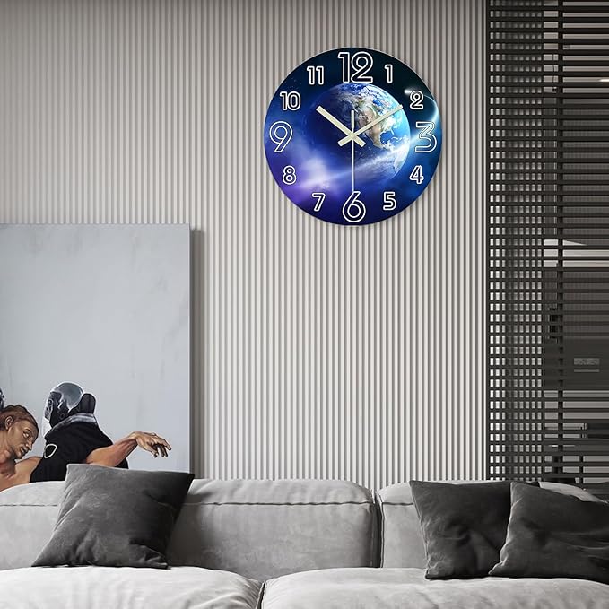 Modern Blue Wall Clock for Bedroom Night Glow Round Glow in The Dark Clock 12 Inch Silent Wall Clock Non Ticking