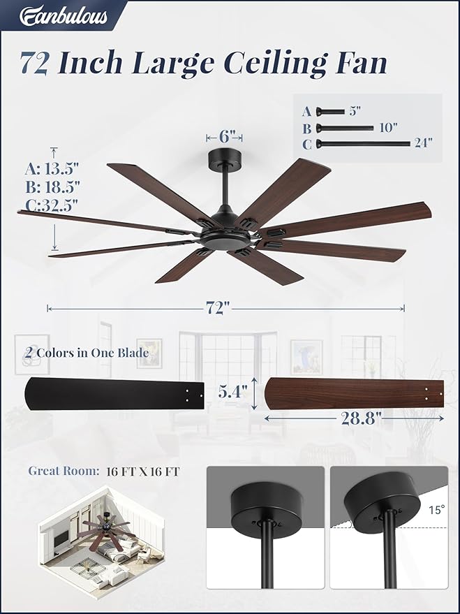 Fanbulous 72 Inch Ceiling Fans No Light with Remote, Modern Ceiling Fan Without Light, Dual Finish 8 Blades, Reversible Quiet DC Motor, 6 Speed, Large Ceiling Fan for Indoor or Covered Outdoor, Black