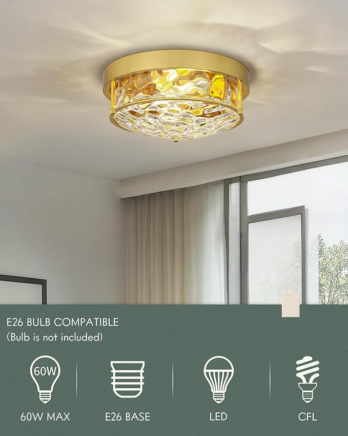 Polished Gold 12" Ceiling Fixture – Hammered Glass, Farmhouse-Inspired Flush Mount for Bedroom, Living Room, or Dining Area - CKCL4822-2W-HGPG