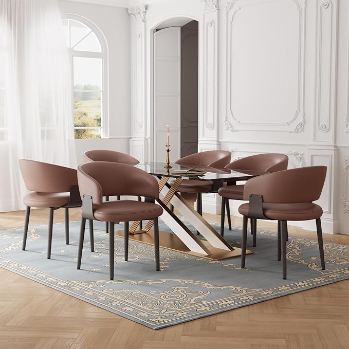 Modern Dining Chairs Set of 2, Faux Leather Upholstered Kitchen Chairs with Curved Back and Metal Legs, Mid Century Chairs for Dining Room, Kitchen, or Café (Brown)