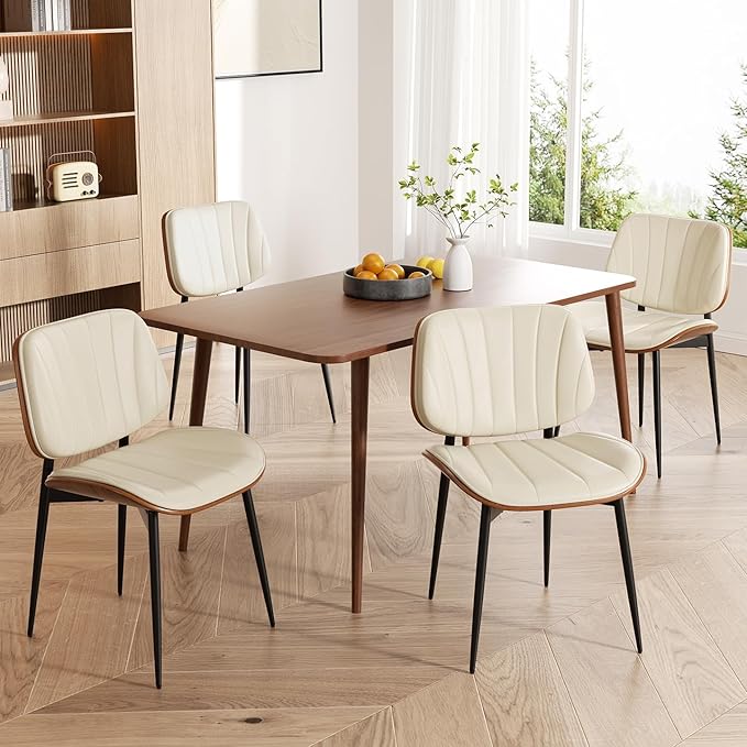 Dining Chairs Set of 4, Mid Century Modern Dining Room Chairs, Upholstered Faux Leather Kitchen Chair with Walnut Bentwood Back for Kitchen Dining Room Living Room, Beige