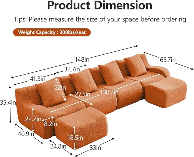 Orange U-Shaped Cloud Couch with 2 Ottomans, Modern Teddy Fabric Boneless Sectional Sofa in a Box for Living Room, Modular Floor Couch, Deep Seat, No Assembly Required, Sofas para Sala