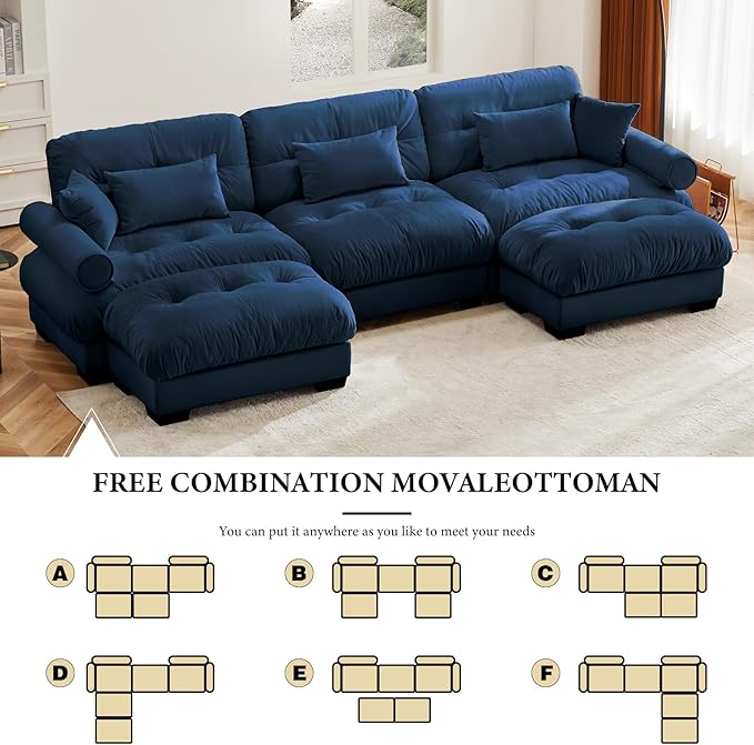 130" Oversized 3 Seater Modular Sectional Sofa, Blue Large U Shaped Couch for Living Room, Fluffy Velvet Cloud Set With Ottoman